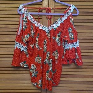 Always Indigo CottageCore Red Floral Blouse Size M